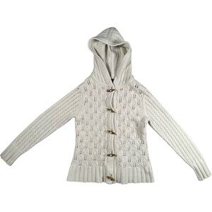 Eddie Bauer Wool Blend Cardigan Sweater Wood Toggle Buttons Cream Large Hood